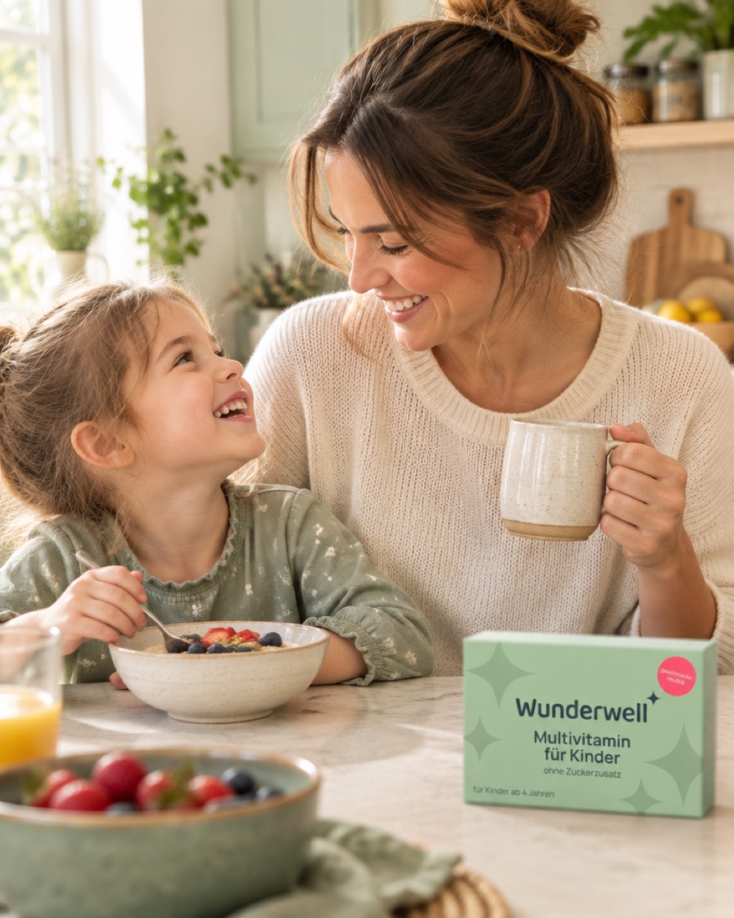 Mutter und Kind beim Frühstück mit Wunderwell